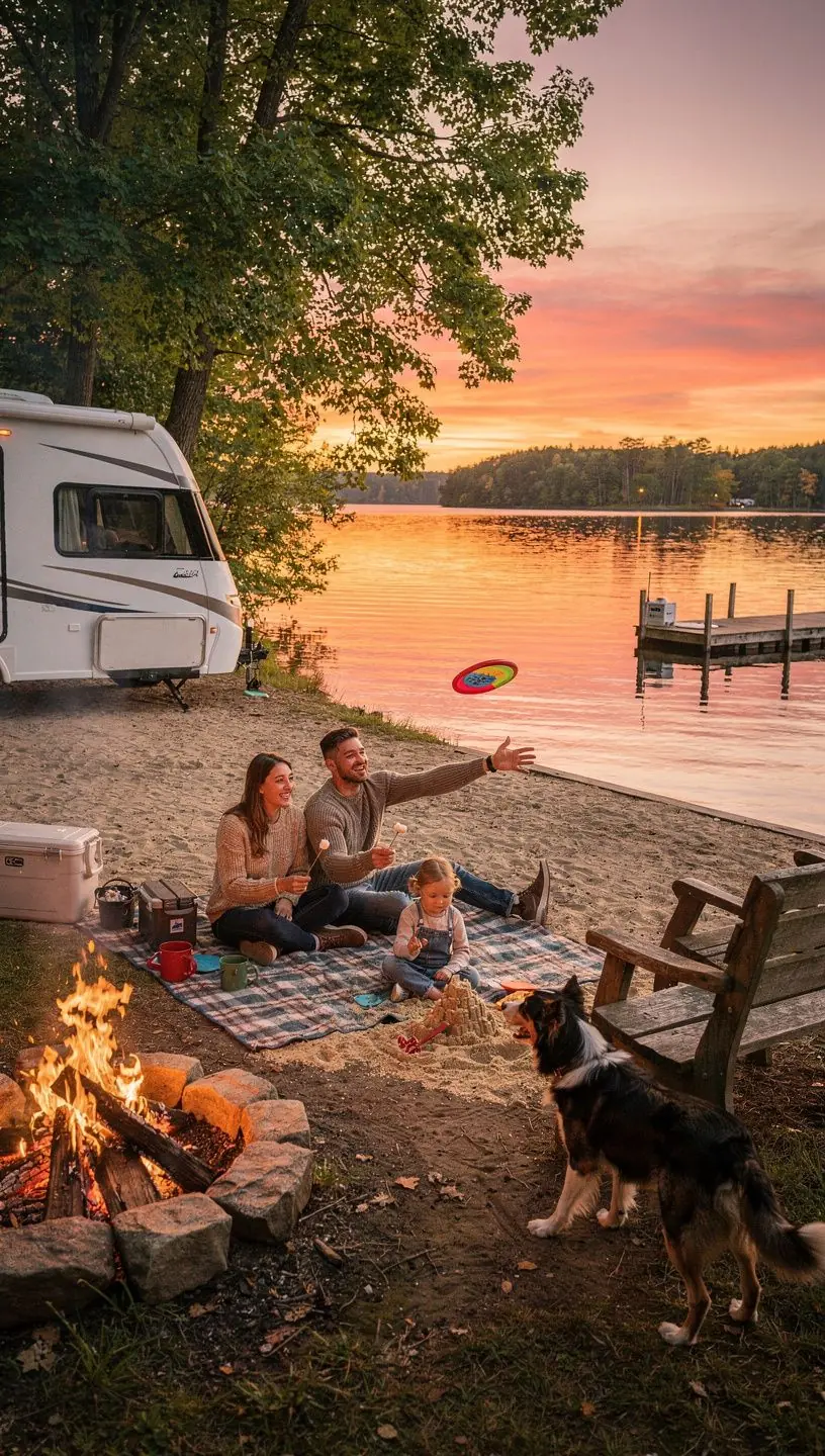 Семья наслаждается отдыхом на природе рядом с арендованным автодомом в американском кемпинге.