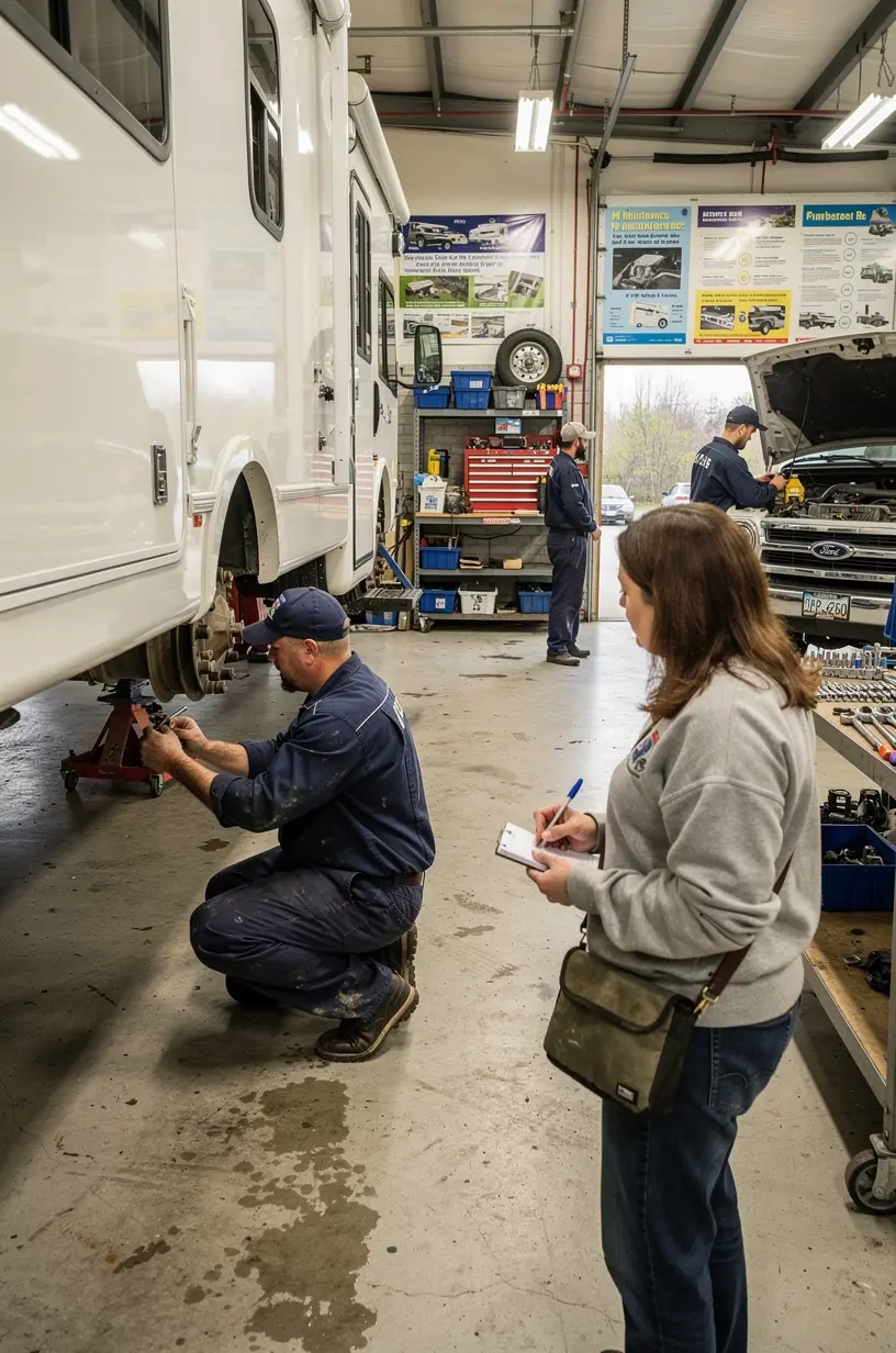Профессиональный механик обслуживает автодом в специализированном сервисном центре.